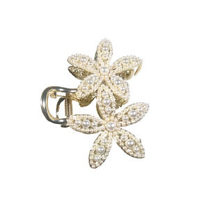 Hair Barrette Claw Clip Faux Pearl Flowers Bridal Wedding Gold Tone White